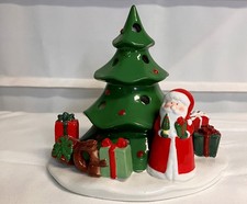 VTG 2002 White Barn Candle Santa Christmas Tree Ceramic Tealight Luminary picture