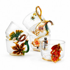RORO 6-pc Vintage Crystal Teacup set with Enamel Flower Ornament 8 oz picture