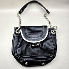  B Makowsky Black Leather Satchel Handbag Purse Silver Hardware Chain Strap 9x7 picture