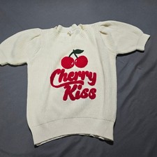 Oddi Sweater Top Womens Small White Cherry Kiss Puff Sleeve Graphic IT18024 picture