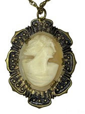 Victorian Hand Carved Shell Left Cameo Gilded Locket Necklace picture