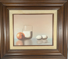Still Life Oil Painting Hardwood Framed Eggs Milk Signed Garnelli 10