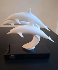 Vintage MCM  John Perry  3 White Leaping Dolphin Sculpture  Black Stand  picture