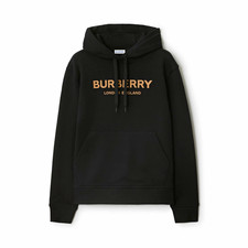 Burberry Black Logo Pullover Hoodie Unisex S Fleece Cotton Blend Drawstring picture