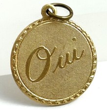 Vintage French Oui Charm Yes Necklace Pendant Brass Metal Jewelry picture