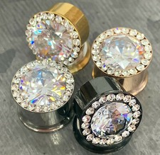 PAIR Large Gem w/Gem Rim Bling Internally Threaded Double Flare Tunnels Plugs picture