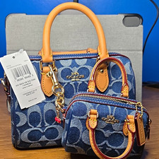Coach Signature Logo Denim Satchel Top Handle Zip Blue Tan Gold Charm picture
