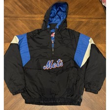 Majestic New York Mets MLB Quarter Zip Pullover Hooded Jacket Mens L Black Blue picture