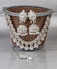Indian Bollywood Bridal Silver Pt Jewelry Earring CZ Ethnic AD Necklace Set 4PC picture