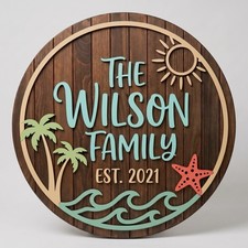 Personalized Beach Tropical Palm & Starfish Round Wood Sign picture