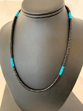 Native Mens Blue Turquoise Heishi Onyx Necklace Navajo Sterling Silver 8823 picture