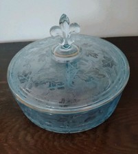 Fostoria Oakwood Divided Bowl Blue Acorn Etched Vintage 7.5 X 5