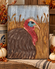Primitive Turkey Wheat Field Hand Painted Reclaimed Wood Thanksgiving Wall Decor picture