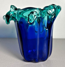 Vintage Handblown Murano Glass Wavy Ruffle Vase Blue Cobalt Made in Italy picture