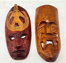 Vintage Hand Carved Wooden Tribal Masks Lot of 2- 1960 Tahiti & Fiji- Folk Decor picture