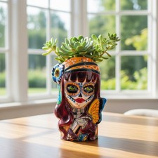 Talavera Butterfly Skull Planter | Handcrafted Day of the Dead Ceramic Pot picture