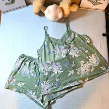 Joyspun Women’s Floral Lace Trim Cami & Shorts Pajama Set Green/White M picture