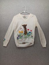 Vintage 1970s Cyn Les Shirlee Designs White V-Neck Sweater Sz L Giraffe Flowers picture