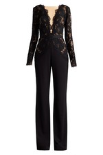 NEW, Tadashi Shoji Mixed Media Plunge Neck Cotton Jumpsuit Black Sz 14 #MD2484 picture