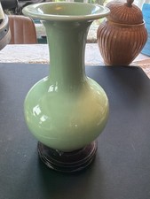 Vintage Chinese Saigon Glaze Porcelain Face Attached Wooden Stand 10” Mint Green picture