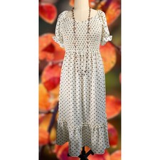 Inspired Hearts 1X Cream Brown Polka Dot Flattering Smocked Maxi Dress Womens picture