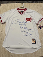 Pete Rose AUTO Signed Reds HALL OF FAME CAREER RECORD 9 Stat Jersey JSA CERT picture