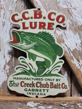 VINTAGE CREEK CHUB BAIT CO. PORCELAIN SIGN OLD FISHING LURE TACKLE ROD REEL SHOP picture