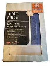 Giant Print Reference Bible NKJV Sapphire Blue Cream Leathersoft LNIB Inscribed  picture
