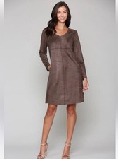 NWT Joh Apparel Aurora V-Neck Suede Dress No Pockets Umber Brown size L picture