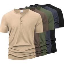 Men's Cotton Henley T-Shirt Short Sleeve Solid Color Casual Tee New picture