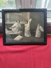 WONDERFUL VICTORIAN 1880s FRAMED PRINT “PILLOW FIGHT” 3 YOUNG GIRLS ORIGINAL USA picture