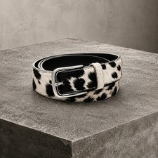 Cowhide Hair On Leather Belt Black White Western Statement Buckle Men picture