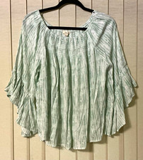 Oddi Women’s M Mint & White Striped Smocked Square Neck Bell Sleeve Rayon Boho picture