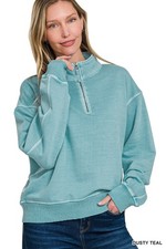 ZENANA DUSTY TEAL FRENCH TERRY PIGMENT DYE & ENZYEM WHSHING HALF ZIP PULLOVER picture