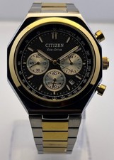 Vintage Men's Citizen Chronograph Quartz Black Dial Two-Tone Bracelet Date Watch picture