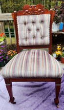 19th Century Victorian Eastlake Style Bow Carved Upholstered Parlor Chairs, Pair picture