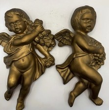 Vintage Gold Cherub Wall Plaques Set 2 Hollywood Regency Baroque Decor picture