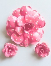 Vintage Joan Rivers Pink & White Polka Dot Flower Brooch Pin Earrings Set picture