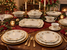 Adline Coronet 65 Pc China Dinnerware Set Gold Floral Scroll Serving Pieces picture