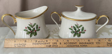 Lenox Holiday Creamer and Covered Sugar Bowl Holly Berry Gold Trim USA Christmas picture
