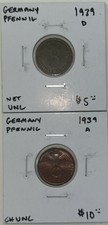German Third Reich 1 Reichspfennig 1939-D And 1939-A (Lot Of 2) picture