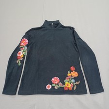 Vtg Bogner Sweater Womens Small Black Floral Embroidered 1/4 Zip Fleece Made USA picture