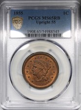 1855 Braided Hair Large Cent PCGS MS65RB Upright 55 picture