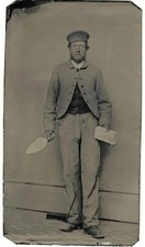 Sixth Plate Occupational Tintype of a Bricklayer with Trowel & Brick in Hand picture