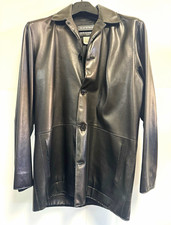 ⁠Vintage Roots Canada Mens Black Leather Car Coat Jacket Button Up Medium  picture