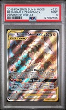 2019 POKEMON SUN & MOON COSMIC ECLIPSE #222 FULL ART/RESHIRAM & ZEKROM GX PSA 9 picture