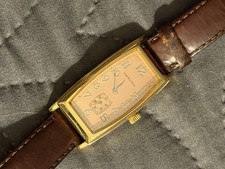 Hamilton Boulton Quartz Vintage Rectangle Gold-Tone Watch Brown Leather Strap picture