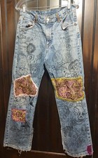 ​OOAK Custom Upcycled Lucky Brand Jeans Unisex 32x31.5 Hand Drawn Art Patchwork  picture