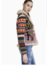 DESIGUAL Sparrow Patchwork Knit Sherpa Jacket XL Rare Boho Coat Sz M picture