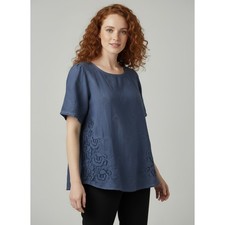 Chico's Blouse XL Indigo Blue Exc Linen Embroidered Popover Top Coastal Grandma picture